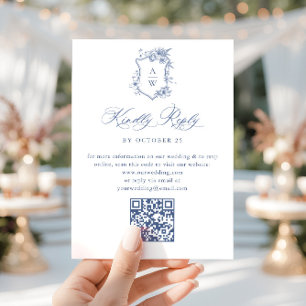 Elegant Blue French Garden Floral Wedding QR code RSVP Card