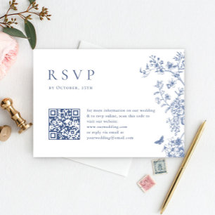 Elegant Blue French Garden Floral Wedding QR code RSVP Card