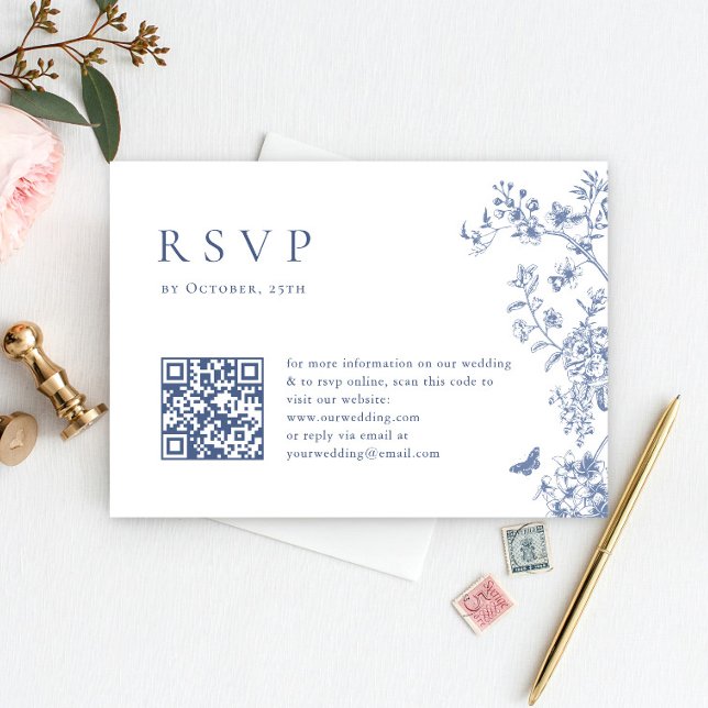Elegant Blue French Garden Floral Wedding QR code RSVP Card (Creator Uploaded)