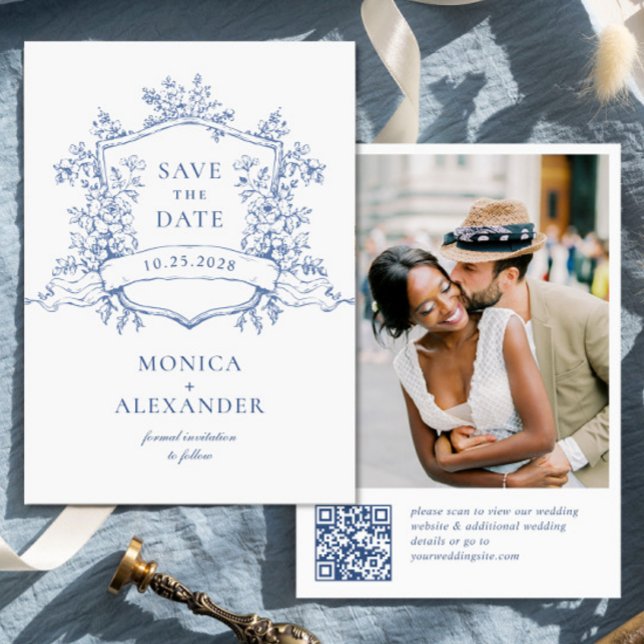 Elegant Blue French Garden Floral Wedding QR code Save The Date (Creator Uploaded)