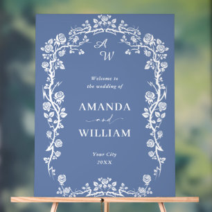 Elegant Blue French Garden Floral Wedding Welcome Acrylic Sign