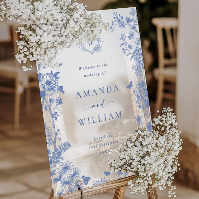 Elegant Blue French Garden Floral Wedding Welcome Acrylic Sign (Creator Uploaded)