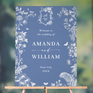 Elegant Blue French Garden Floral Wedding Welcome Acrylic Sign