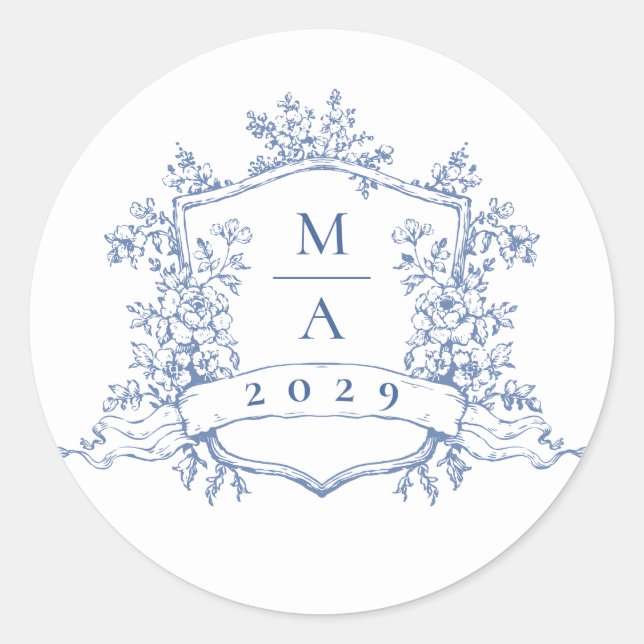 Elegant Blue French Garden Flowers Wedding Classic Round Sticker (Front)