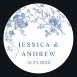 Elegant Blue French Garden Flowers Wedding Classic Round Sticker<br><div class="desc">For further customisation,  please click the "customise further" link and use our design tool to modify this template. 
If you need help or matching items,  please contact me.</div>