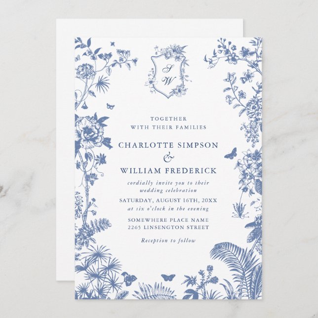 Elegant Blue French Garden Wedding All in One Invitation (Front/Back)