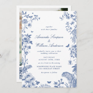 Elegant Blue French Garden Wedding Photo QR code Invitation