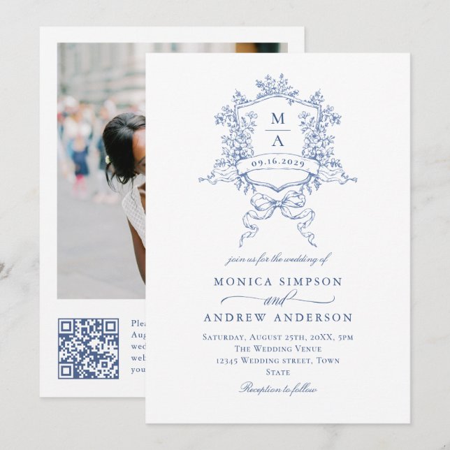 Elegant Blue French Garden Wedding Photo QR code Invitation (Front/Back)