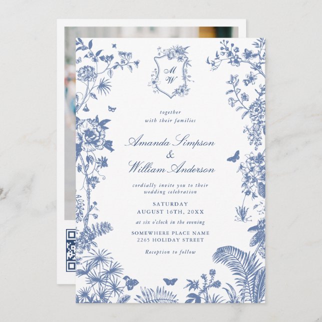Elegant Blue French Garden Wedding Photo QR code Invitation (Front/Back)