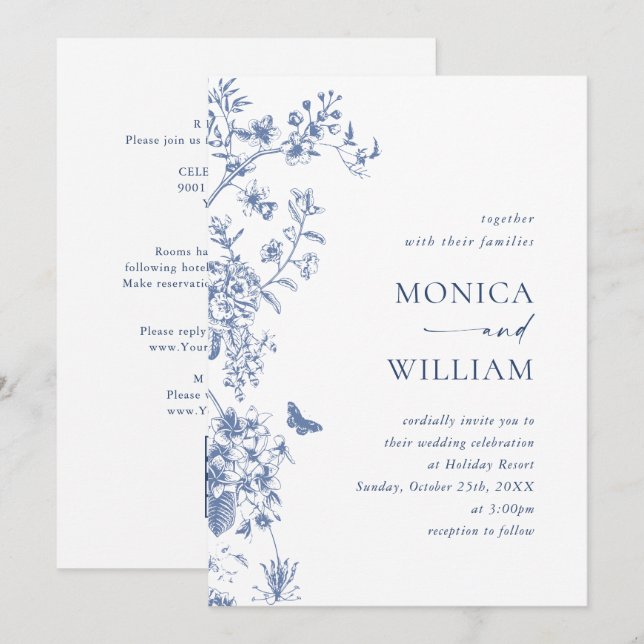Elegant Blue French Garden Wedding QR code Invitation (Front/Back)