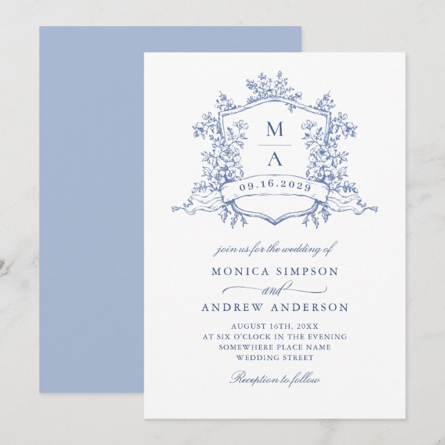 Elegant Blue French Garden Wedding QR code Invitation (Front/Back)
