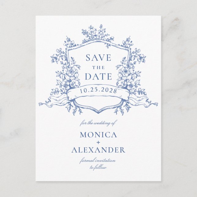 Elegant Blue French Garden Wedding Save the Date Postcard (Front)