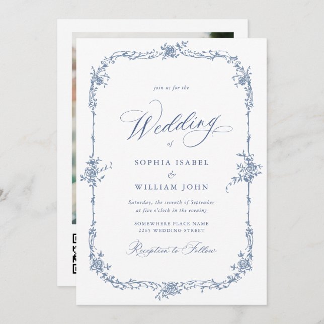 Elegant Blue French Roses Garden Wedding QR code Invitation (Front/Back)