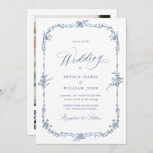 Elegant Blue French Roses Garden Wedding QR code Invitation