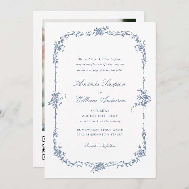 Elegant Blue French Roses Garden Wedding QR code Invitation (Front/Back)