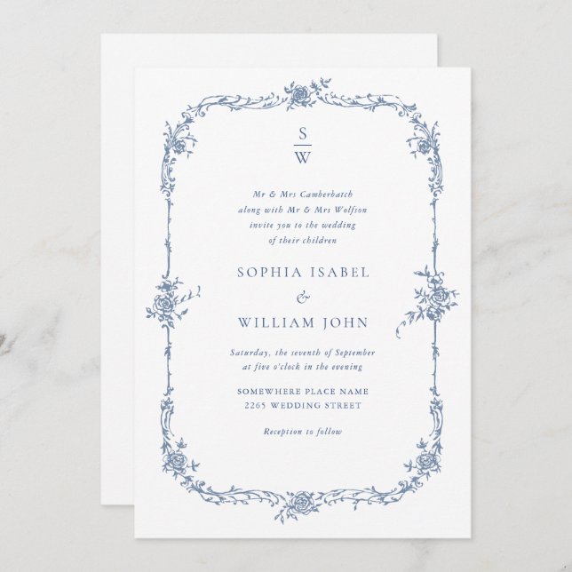 Elegant Blue French Roses Garden Wedding QR code Invitation (Front/Back)