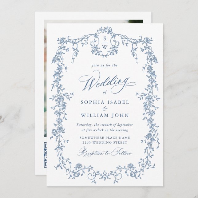 Elegant Blue French Roses Garden Wedding QR code Invitation (Front/Back)