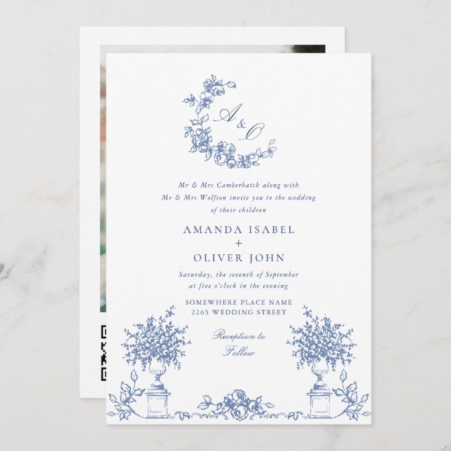 Elegant Blue French Roses Garden Wedding QR code Invitation (Front/Back)