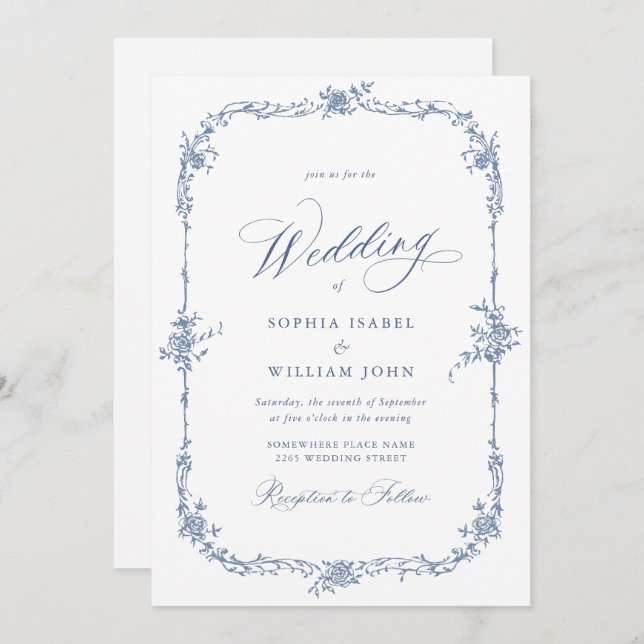 Elegant Blue French Roses Garden Wedding QR code Invitation (Front/Back)
