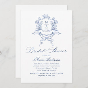 Elegant Blue French Roses Toile Bridal Shower Invitation