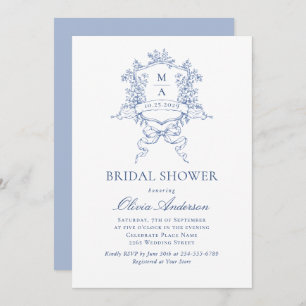 Elegant Blue French Roses Toile Bridal Shower Invitation