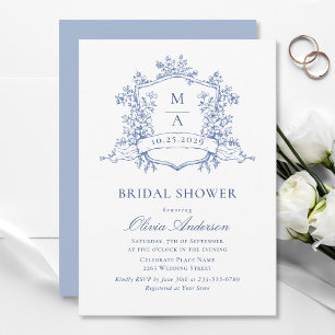 Elegant Blue French Roses Toile Bridal Shower Invitation