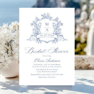 Elegant Blue French Roses Toile Bridal Shower Invitation