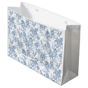 Elegant Blue French Toile de Jouy Floral Pattern Large Gift Bag