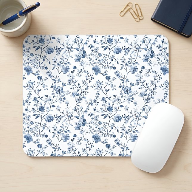Elegant Blue French Toile Floral Pattern Mouse Pad (Elegant french blue toile - the perfect elegant touch for your office)