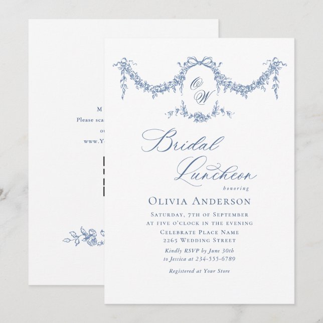 Elegant Blue French Toile Garden BRIDAL LUNCHEON Invitation (Front/Back)