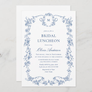 Elegant Blue French Toile Garden BRIDAL LUNCHEON Invitation