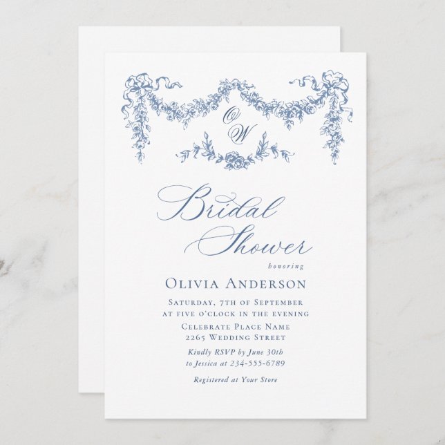 Elegant Blue French Toile Garden BRIDAL SHOWER Invitation (Front/Back)