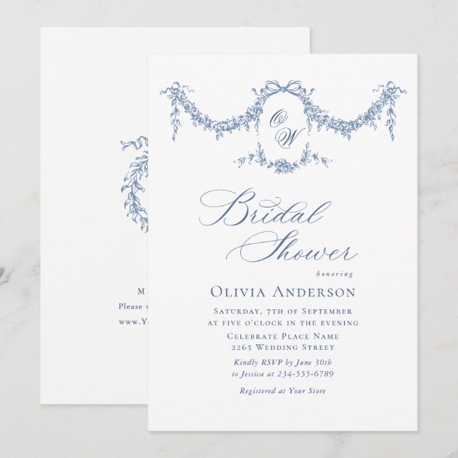 Elegant Blue French Toile Garden BRIDAL SHOWER Invitation (Front/Back)