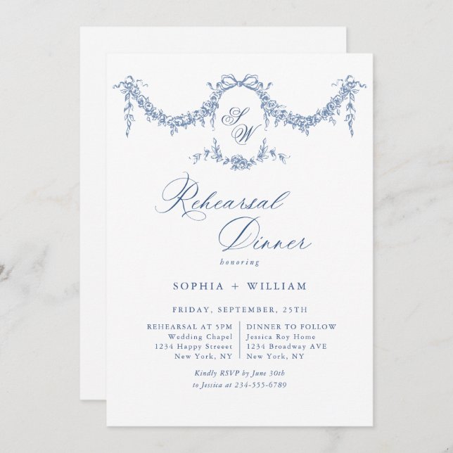 Elegant Blue French Toile Garden Rehearsal Dinner Invitation (Front/Back)
