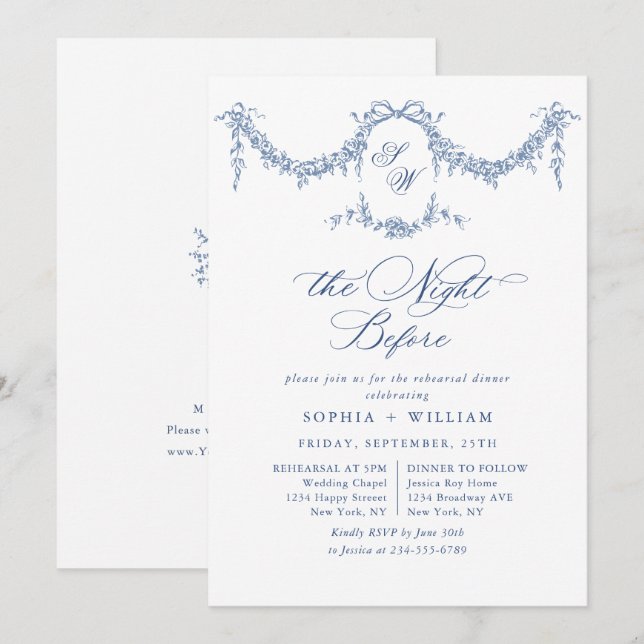 Elegant Blue French Toile Garden Rehearsal Dinner Invitation (Front/Back)