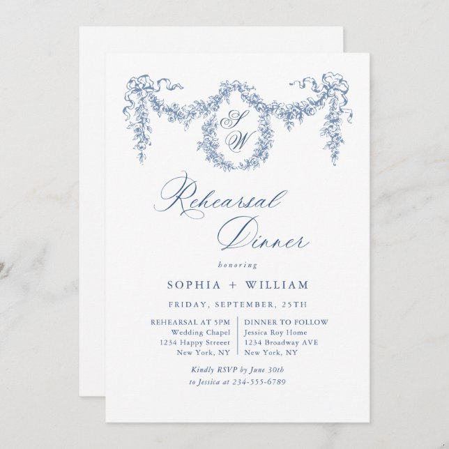 Elegant Blue French Toile Garden Rehearsal Dinner Invitation (Front/Back)