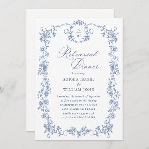 Elegant Blue French Toile Garden Rehearsal Dinner Invitation