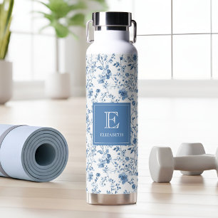 Elegant Blue French Toile Pattern Monogram Name Water Bottle