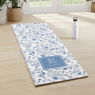 Elegant Blue French Toile Pattern Monogram Name  Yoga Mat