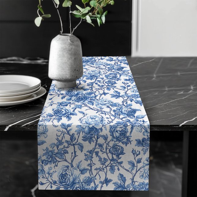 Elegant Blue French Toile Roses Floral Table Runne Long Table Runner (French toile de jouy roses,
Luxurious navy roses table runner,
dusty Blue flowers botanical garden,
)