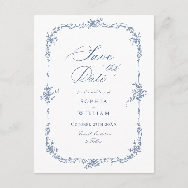 Elegant Blue French Toile Wedding Save the Date Postcard (Front)