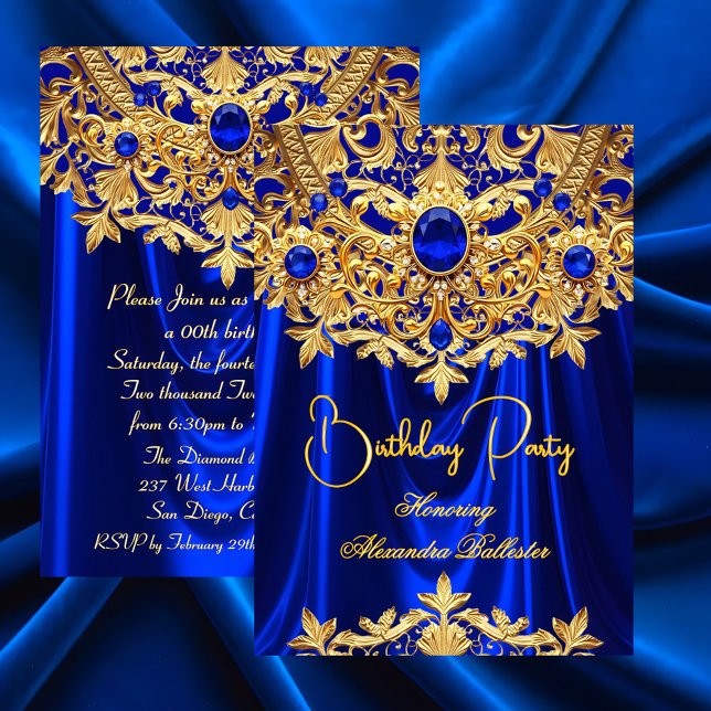 Elegant Blue Gems Gold Lace Damask Birthday Party Invitation (Creator Uploaded)