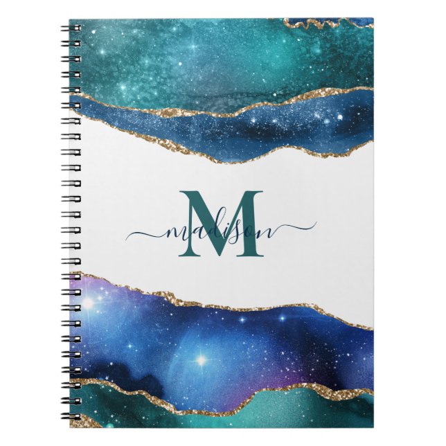 Elegant Blue Geode Agate Monogrammed Gold Glitter Notebook (Front)