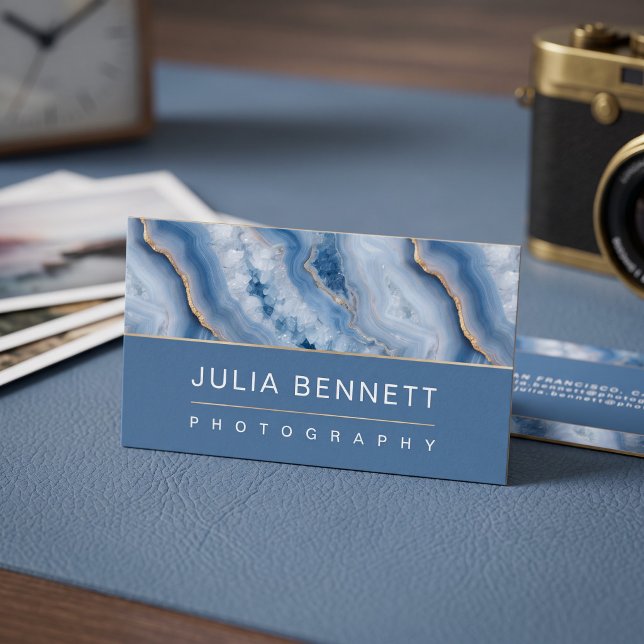 Elegant Blue Geode Business Card (Simulated business cards on table)