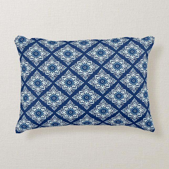 Elegant Blue Geometric Floral Pattern Decorative Cushion (Front)
