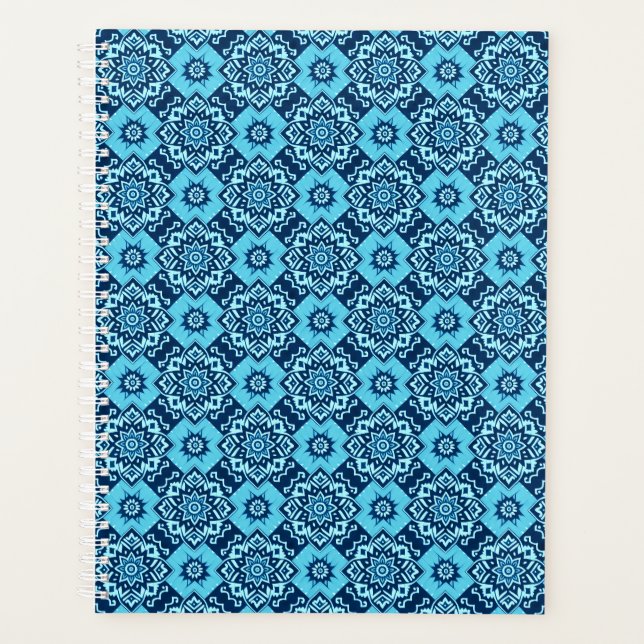 Elegant Blue Geometric Floral Pattern Planner (Front)