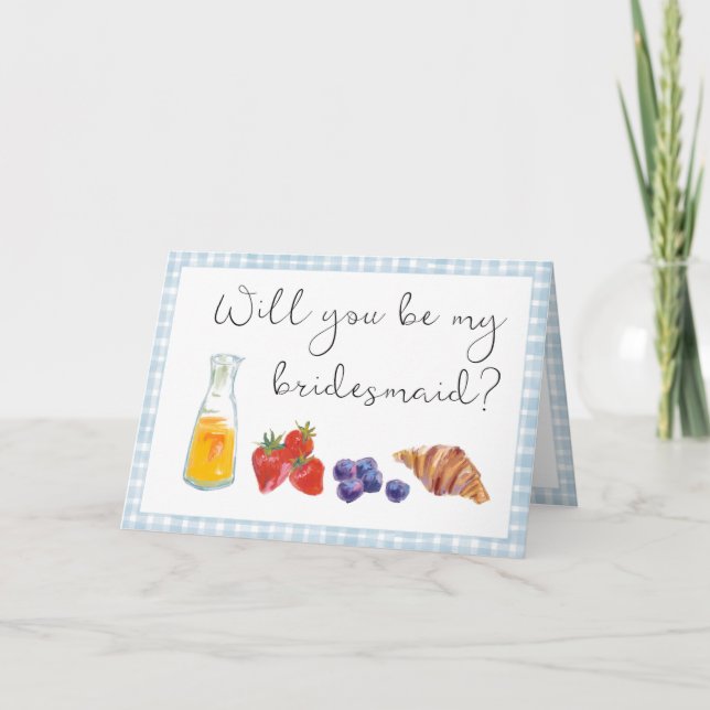 Elegant Blue Gingham Brunch Bridesmaid Proposal Card (Front)