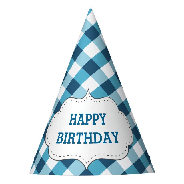 Elegant Blue Gingham Pattern Personalised Birthday Party Hat (Front)