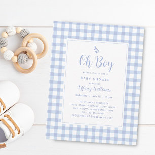 Elegant Blue Gingham Plaid Cute Oh Boy Baby Shower Invitation