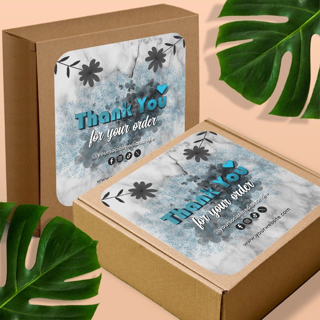 Elegant Blue Glitter and Metallic Thank You Custom Square Sticker (Creator Uploaded)